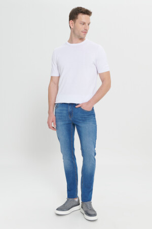 Marineblaue, extra schmal geschnittene Slim-Fit-Riss-Baumwoll-Jeans aus flexiblem Denim für Herren ET0100000001 - 6