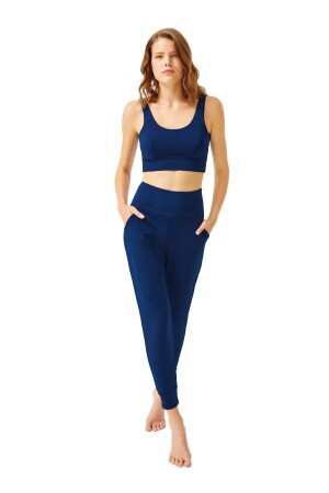 Marineblaue Jogginghose mit hoher Taille und doppelten Taschen für Damen - 1