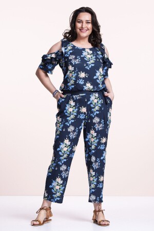 Marineblauer, geblümter Crêpe-Jumpsuit in Übergröße - 1