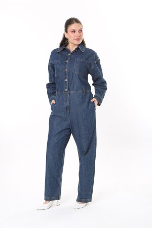 Marineblauer Jeans-Overall mit Metallknöpfen für Damen in großen Größen und elastischem Rückengürtel 65N37722 - 1