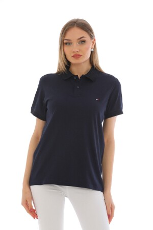 Marineblaues Damen-T-Shirt mit Polokragen aus Baumwoll-Lycra mit kurzen Ärmeln und Stickerei - 1