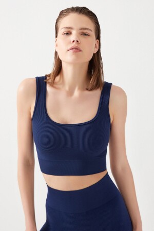 Marineblaues, geripptes, bauchfreies Bustier-Top mit quadratischem Ausschnitt für Damen in Marineblau - 1