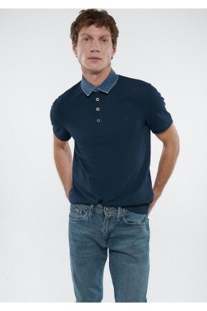 Marineblaues Polo-T-Shirt mit Denim-Kragen, tailliert, 062685-28417 - 1