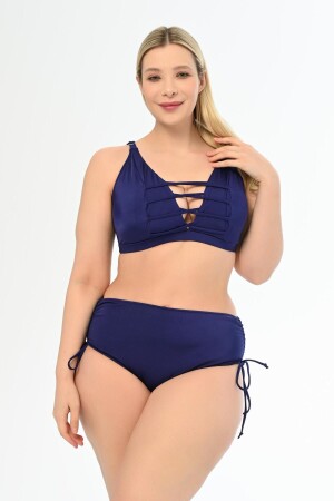 Marineblaues, tief ausgeschnittenes Venezia-Cross-String-Bikiniset in Übergröße für Damen - 1