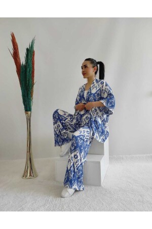 Mavi Renk Moda Desenli Ikili Kimono Takım ( Rahat Kalıp ) - 3