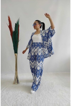 Mavi Renk Moda Desenli Ikili Kimono Takım ( Rahat Kalıp ) - 4