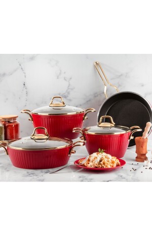 Maya Granit-Kochgeschirr-Set, 7-teiliges Mitgift-Set – Rot MayaRed - 3