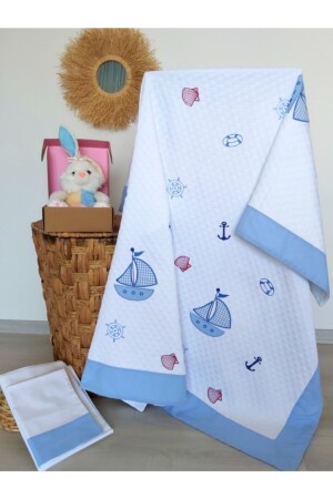 Mellow Baby Store Baby-Piqué-Set aus Baumwollblau mit Segelmuster und dicken Paspeln YEM201 - 1