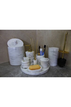 Mermer Desenli Çoklu Çöp Kovalı Banyo Seti V1 (gold Başlıklı) BS003 - 3