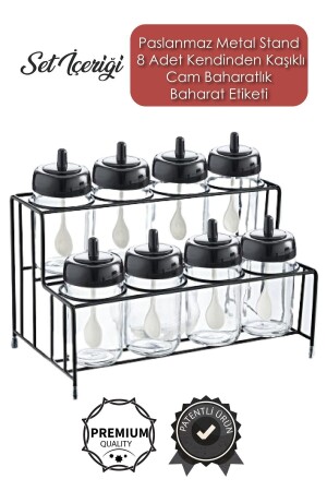 Metal Standlı 8'li Kendinden Kaşıklı Cam Baharatlık Seti 300 ml Etiket Hediyeli GM00374 - 3