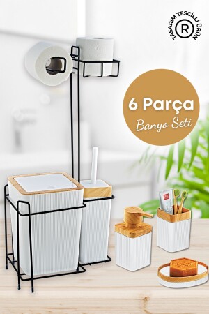 Metal Standlı Ahşap Desenli Wc Kağıtlık 6 Parça Lüx Banyo Seti Beyaz 3 Adet Duş Lifi Hediye - 2