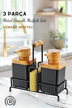 Metal Standlı Ahşap Detaylı Bulaşık Deterjanı ve Sıvı Sabunluk Mutfak Seti-Sünger Hediyeli GM00397 - 2