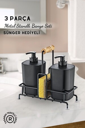 Metal Standlı Siyah Begonya Çamaşır Suyu ve Sıvı Sabunluk Banyo Seti-Sünger Hediyeli - 3