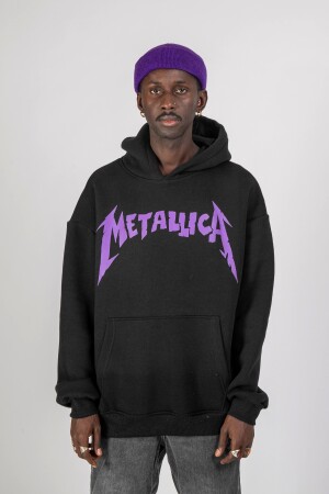 Metallica Mor Sırt Baskılı Siyah Oversize Kapüşonlu Sweatshirt 816E0943 - 6