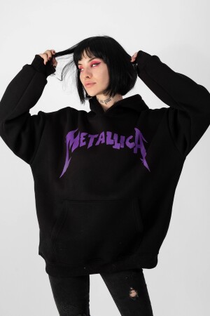 Metallica Mor Sırt Baskılı Siyah Oversize Kapüşonlu Sweatshirt 816E0943 - 8