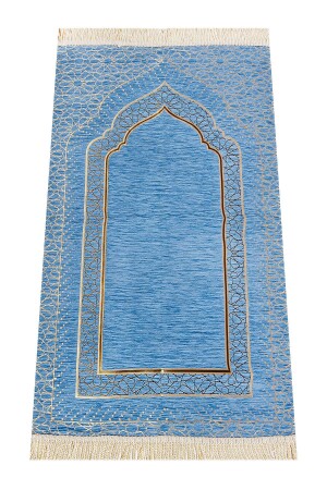 Mihrab gemusterter, gefütterter Chenille-Gebetsteppich – Blau - 2