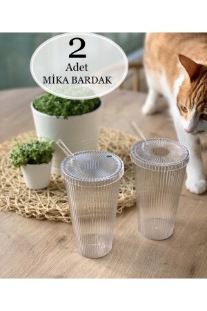 MİKA 2 Adet 600 Ml Mika Kapaklı Pipetli Origami Stil Mika Bardak | Sunum Bardağı Meşrubat Bardağı ew-mika123 - 3