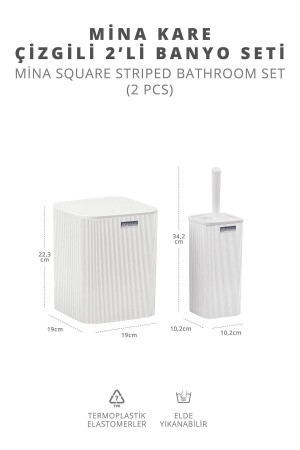 Mina weiß gestreifter, quadratischer WC-Eimer und Bürste, 2er-Set - 6