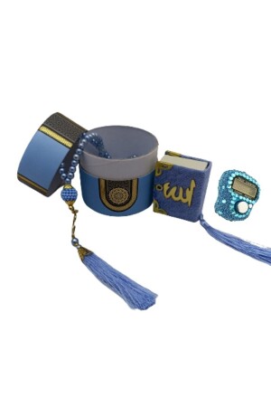 Mini-Zylinder-Box-Mevlit-Geschenkset Blau (Mini-Koran + Perlenrosenkranz 99 + Stein Zikirmatik) - 2