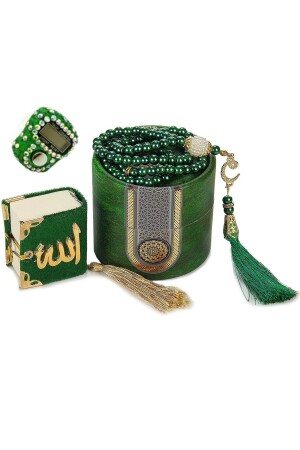 Mini-Zylinder-Box Mevlit-Geschenkset Grün (Mini-Koran + Perlengebetsperlen 99 + Stein Zikirmatik) - 3