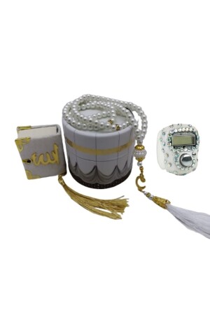 Mini-Zylinder-Box-Mevlit-Geschenkset mit Kaaba Weiß (Mini-Koran+Perle Tasbih 99+Stein Zikirmat - 4