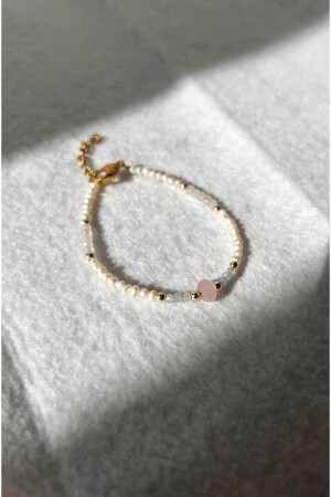 Minimal Pearl Steel Armband Damen echte Perle rosa Quarz und Aquamarinsteine - 6