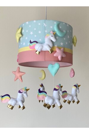 Mint Yıldızlı Pudra Beyaz Unicorn Figürlü Kız Bebek Odası Özel Tasarım Avize Unicorn1 - 1