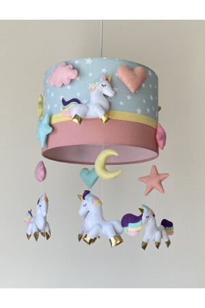 Mint Yıldızlı Pudra Beyaz Unicorn Figürlü Kız Bebek Odası Özel Tasarım Avize Unicorn1 - 5