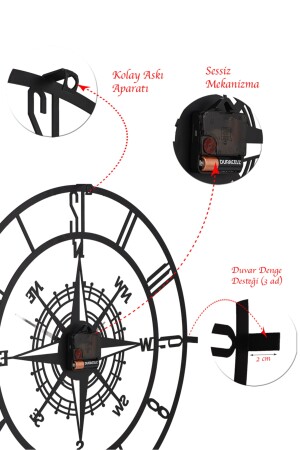 Muyika Bunnela Kompass Neue Kollektion Dekor Metall Schwarz Wanduhr Lautloser Mechanismus 41x41cm Mds-41 MYK2000 - 9