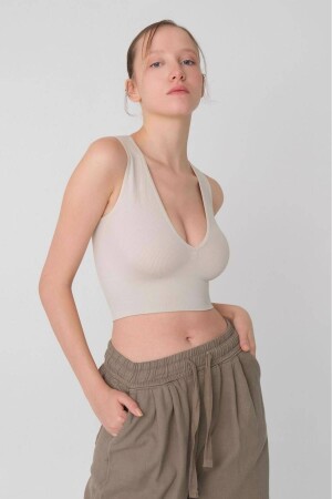 Nahtloses Crop-Bustier mit V-Ausschnitt und dicken Trägern A0131 - 1