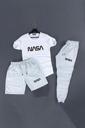 Nasa Baskılı Pamuklu Kısa Kollu Yazlık Slim Fit 3 lü Unisex Eşofman Takımı - 1