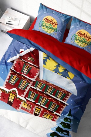 Neujahrs-Bettbezug-Set, 100 % natürliche Baumwolle, Frohe Weihnachten, Doppelbett, rotes Haus* monohome1108HF - 2