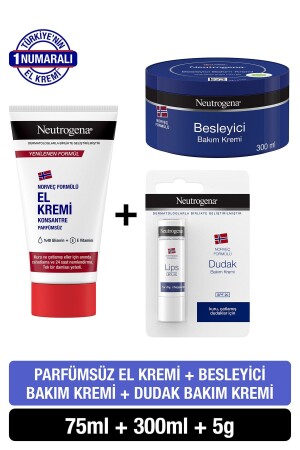 Norwegische Formel Nährende Pflegecreme 300 ml + parfümfreie Handcreme 75 ml + Lippenbalsam PKTPRFSZKRMDKKRM - 2