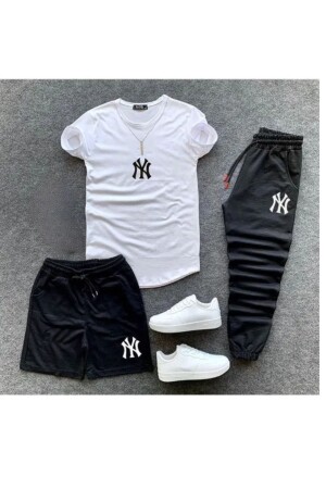 NY Baskılı Original Ünisex Yazlık Şort T-shirt Eşofman Altı 3 lü Set Combin Takım - 1