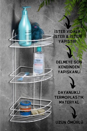 Ömür Boyu Paslanmaz Yapışkanlı Banyo Köşeliği Düzenleyici Şampuanlık Duş Rafı Beyaz Ek-03 - 4