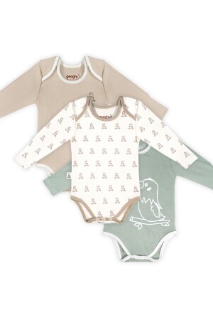 Organik Pamuk Yenidoğan & Bebek 3'lü Uzun Kollu Çıtçıtlı Bodysuit Unisex(KAHVERENGİ & KREM & YEŞİL) GBS221021 & GBS221022 & GBS221023 - 2