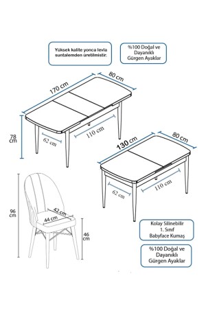 Ovo Aytaşı 80 x 130 cm ausziehbarer Esstisch – Tisch- und Stuhlset für 6 Personen – Anthrazit - 8