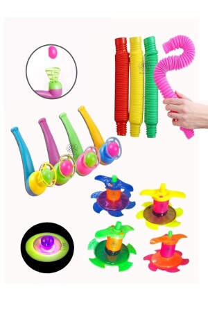 Oyuncak 3'lü Set Top Üfleme Kurmalı Işıklı Topaç Ve Pop Tubes HYD-6199706-7703 - 2