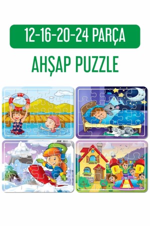 Parkta Oyun, Kışın Kar, Uyku Vakti, Denizde Oyun 4'lü Ahşap Puzzle Set Puz1711 - 4