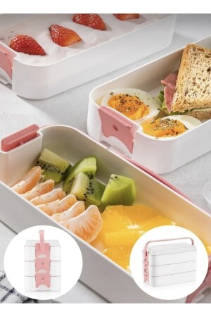 Pembe Beyaz 3 Katlı Bölmeli Öğrenci Beslenme Okul Saklama Kabı Iş Lunch Box Piknik Kabı Kahvaltılık 0209 - 4