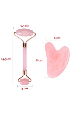 Pembe Kuvars Gua Sha Taşı Masaj Aleti Ve Face Roller 2'li Seti Doğal Taş 3DPS0014FDTKT - 4