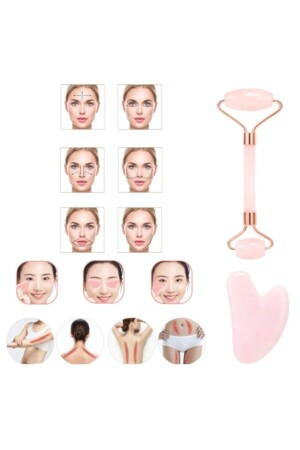 Pembe Kuvars Gua Sha Taşı Masaj Aleti Ve Face Roller 2'li Seti Doğal Taş 3DPS0014FDTKT - 7