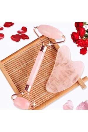 Pembe Kuvars Gua Sha Taşı Masaj Aleti Ve Face Roller 2'li Seti Doğal Taş 3DPS0014FDTKT - 3