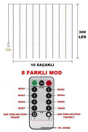 Perde 300 Ledli 10 Saçaklı Sarı Şerit Led Kumandalı 8 Modlu Perde Peri Mutfak Işık Dekoratif Lamba PERDE-LED-2023 - 9