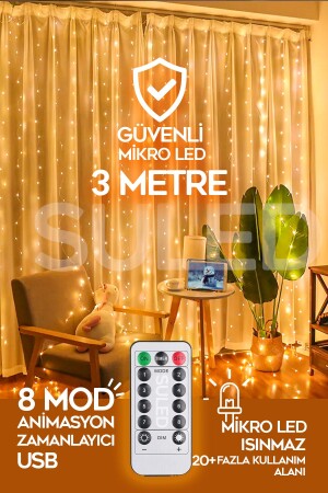 Perde Led 3x3 Metre Kumandalı 8 Mod Ambiyans Ayarlabilir Boy Dekor Mikro Led Işık Perde - 1