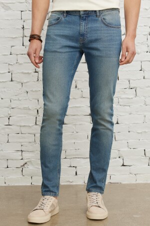 Petrolblaue, extra schmal geschnittene Slim-Fit-Jeanshose aus flexiblem Riss-Jeans-Jeans aus Baumwolle für Herren - 1