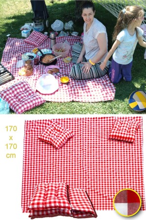 Picknick-Set, rotes Picknicktuch, große Tischdecke, 170 x 170 cm, 2 Kissen, Geschenk (40 x 40 cm) - 3