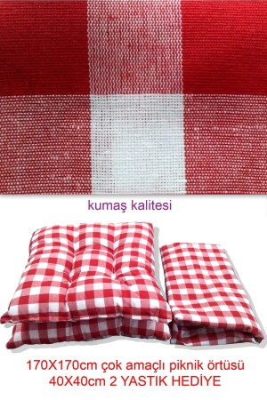 Picknick-Set, rotes Picknicktuch, große Tischdecke, 170 x 170 cm, 2 Kissen, Geschenk (40 x 40 cm) - 5