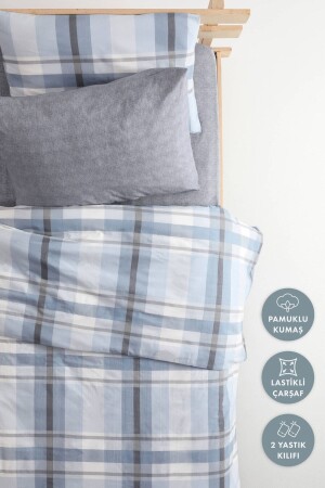 Plaid-Baumwoll-Einzelbettbezug-Set mit elastischen Laken – Blau F1625 - 4