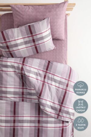 Plaid-Baumwoll-Einzelbettbezug-Set mit elastischen Laken – Lila F1625 - 1